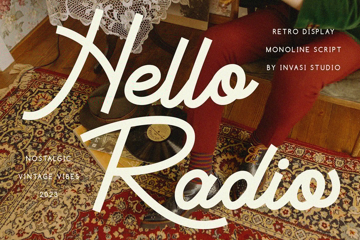 Hello Radio - Vintage Monoline Script Font Sample
